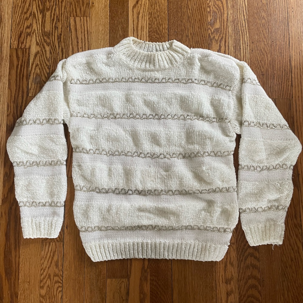 Vintage white/cream chenille sweater with silver beads